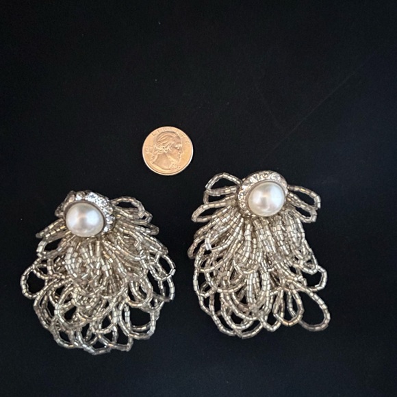 Silver Beaded Pearl Cluster Earrings - Picture 2 of 3